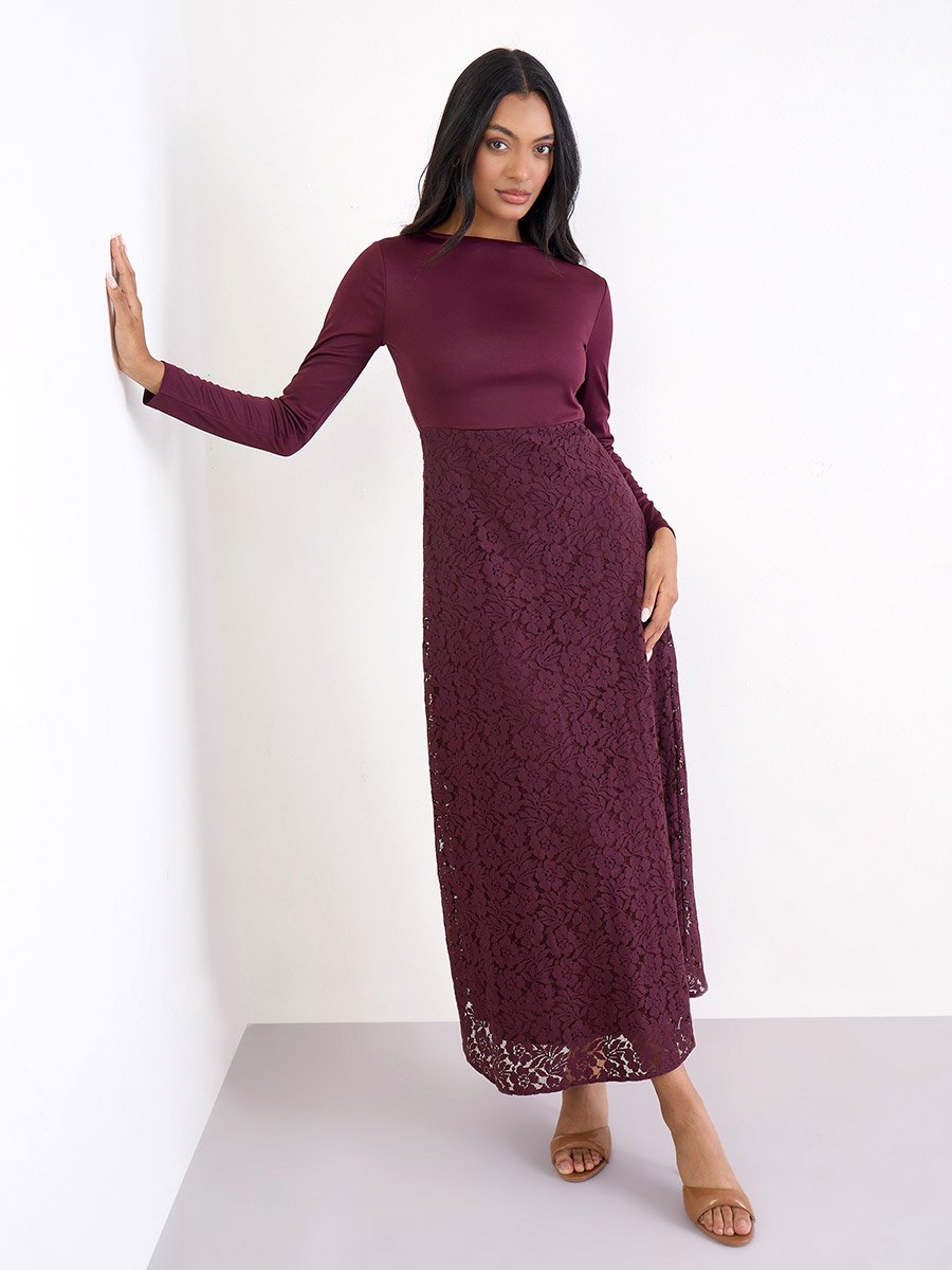 Women Burgundy Solid Lace Long Sleeves Sheath Maxi Dress For Women at  Bahrain | Styli