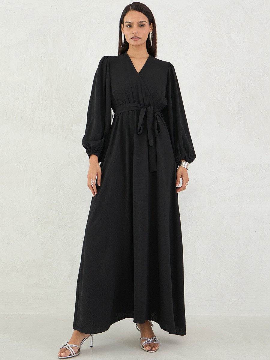 Black Solid V Neck Wrap Look A-Line Maxi Dress