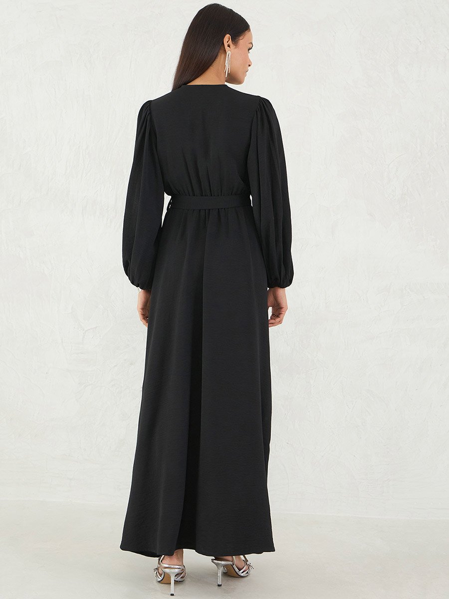 Black Solid V Neck Wrap Look A-Line Maxi Dress