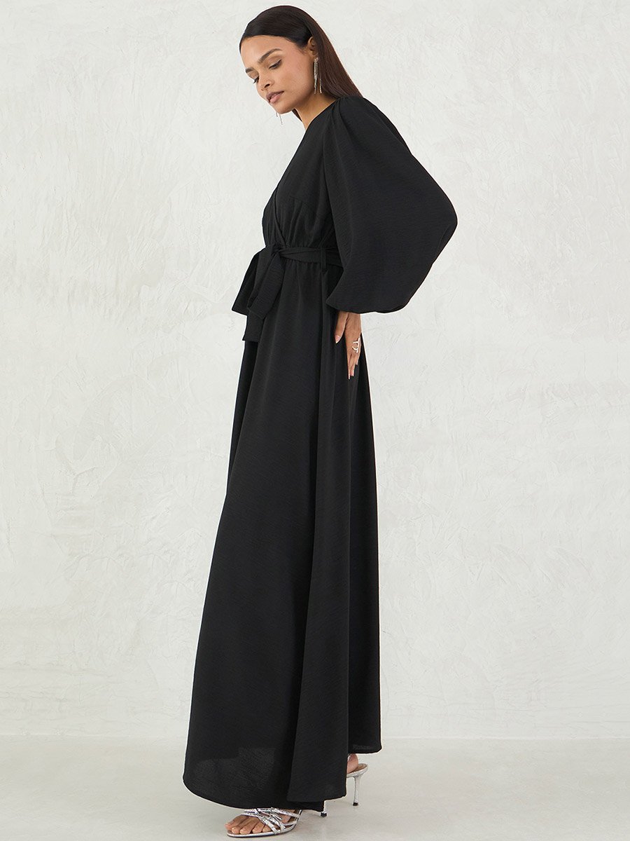 Black Solid V Neck Wrap Look A-Line Maxi Dress