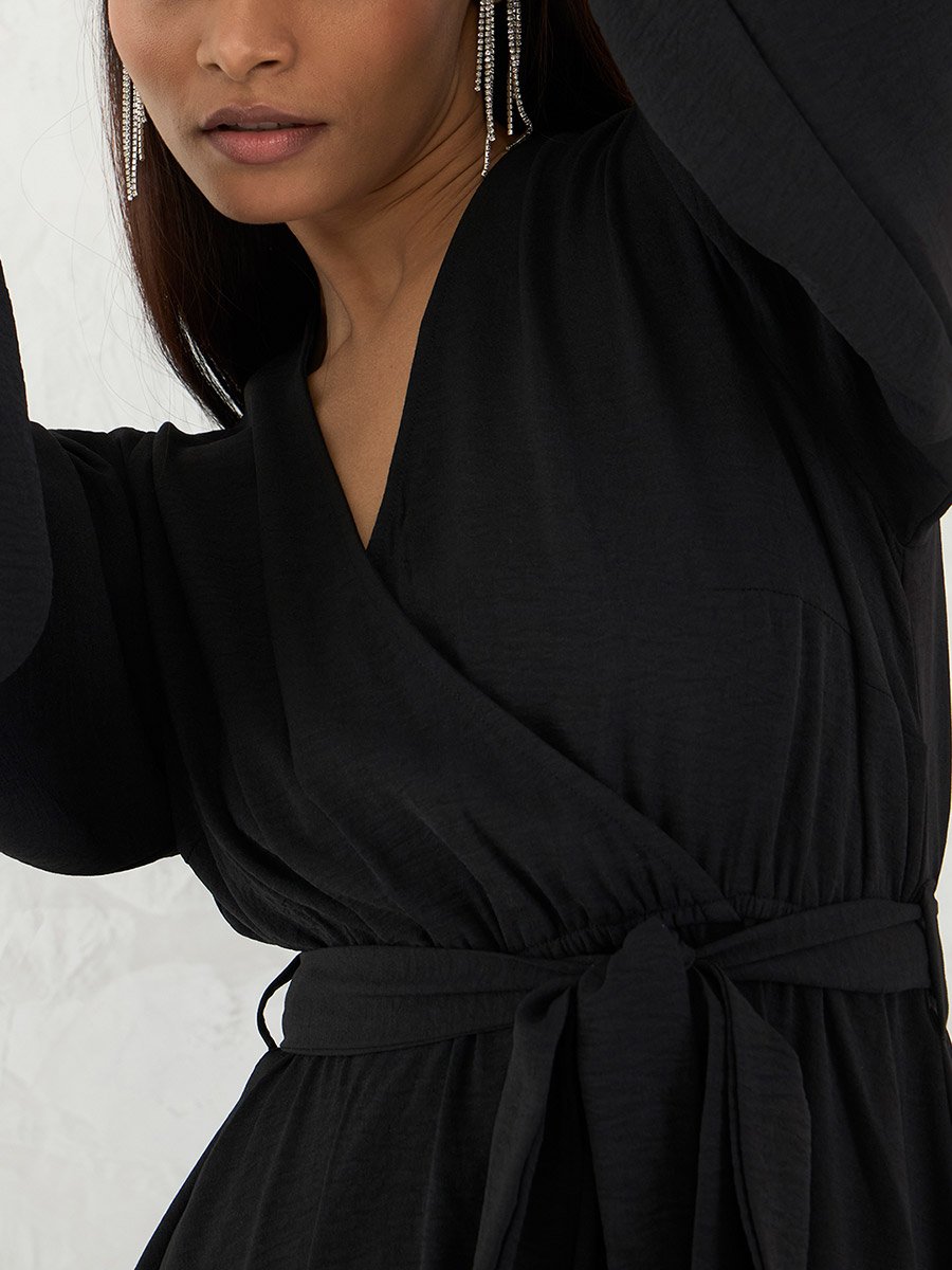 Black Solid V Neck Wrap Look A-Line Maxi Dress