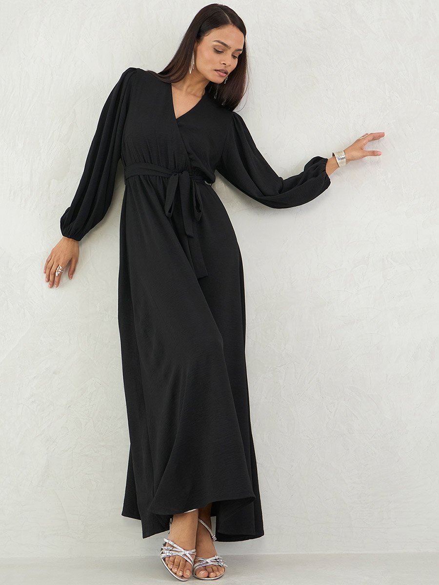Black Solid V Neck Wrap Look A-Line Maxi Dress