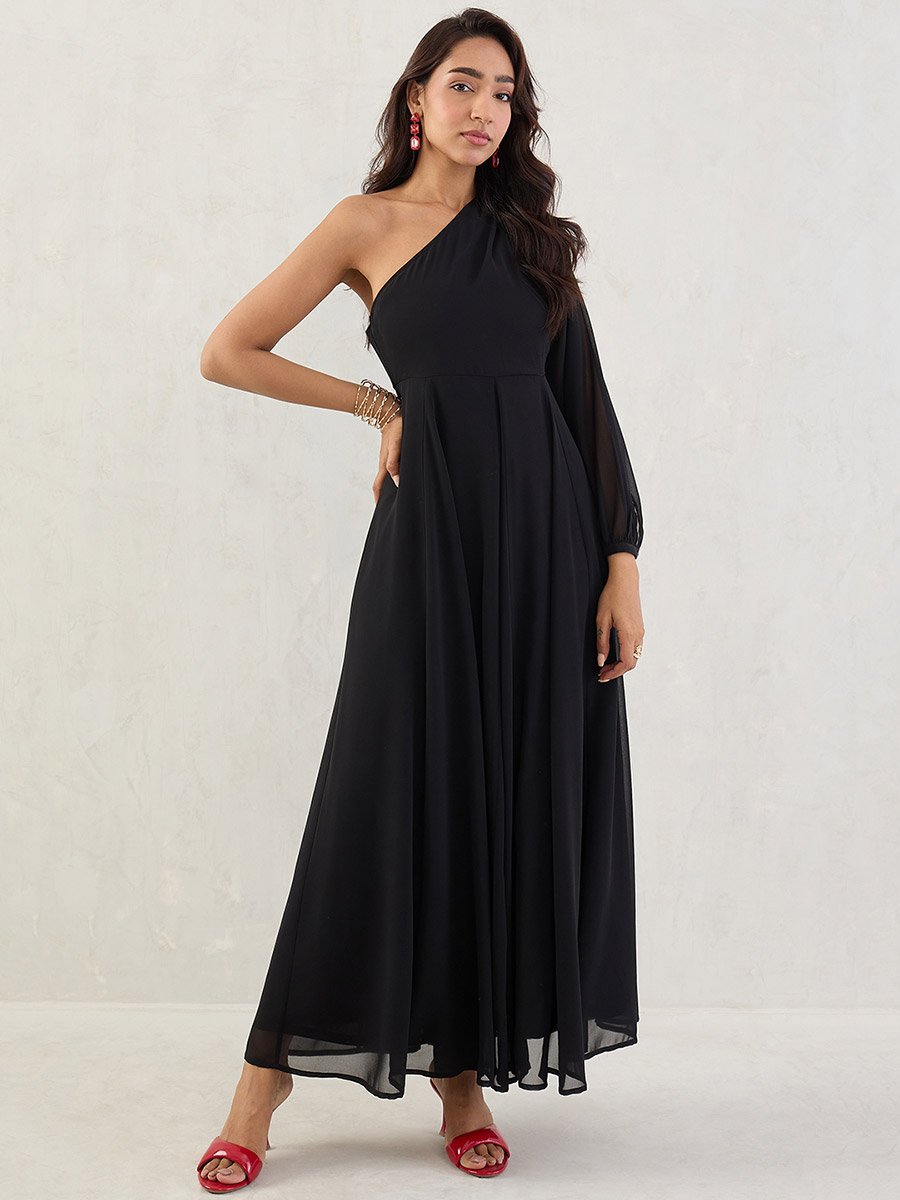 Black Solid One Shoulder Neck A-Line Maxi Dress