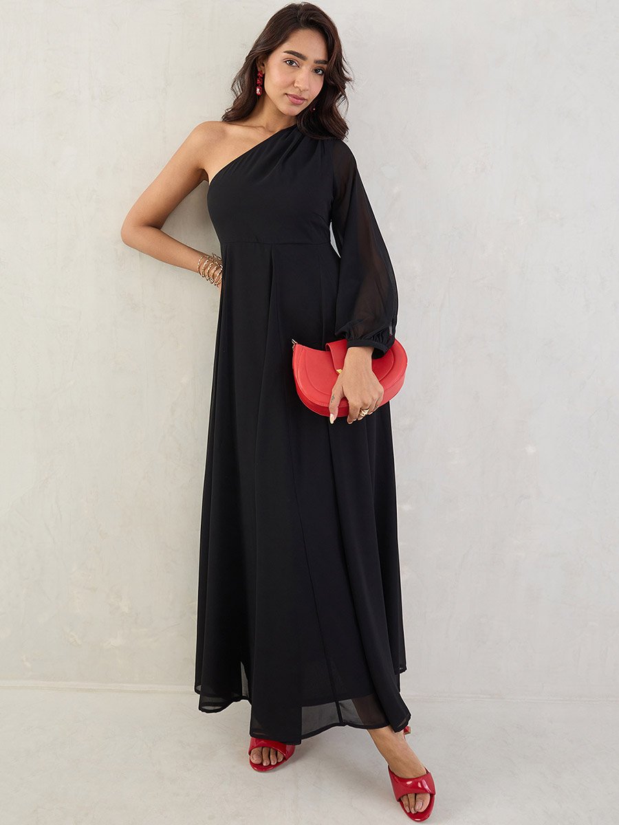 Black Solid One Shoulder Neck A-Line Maxi Dress