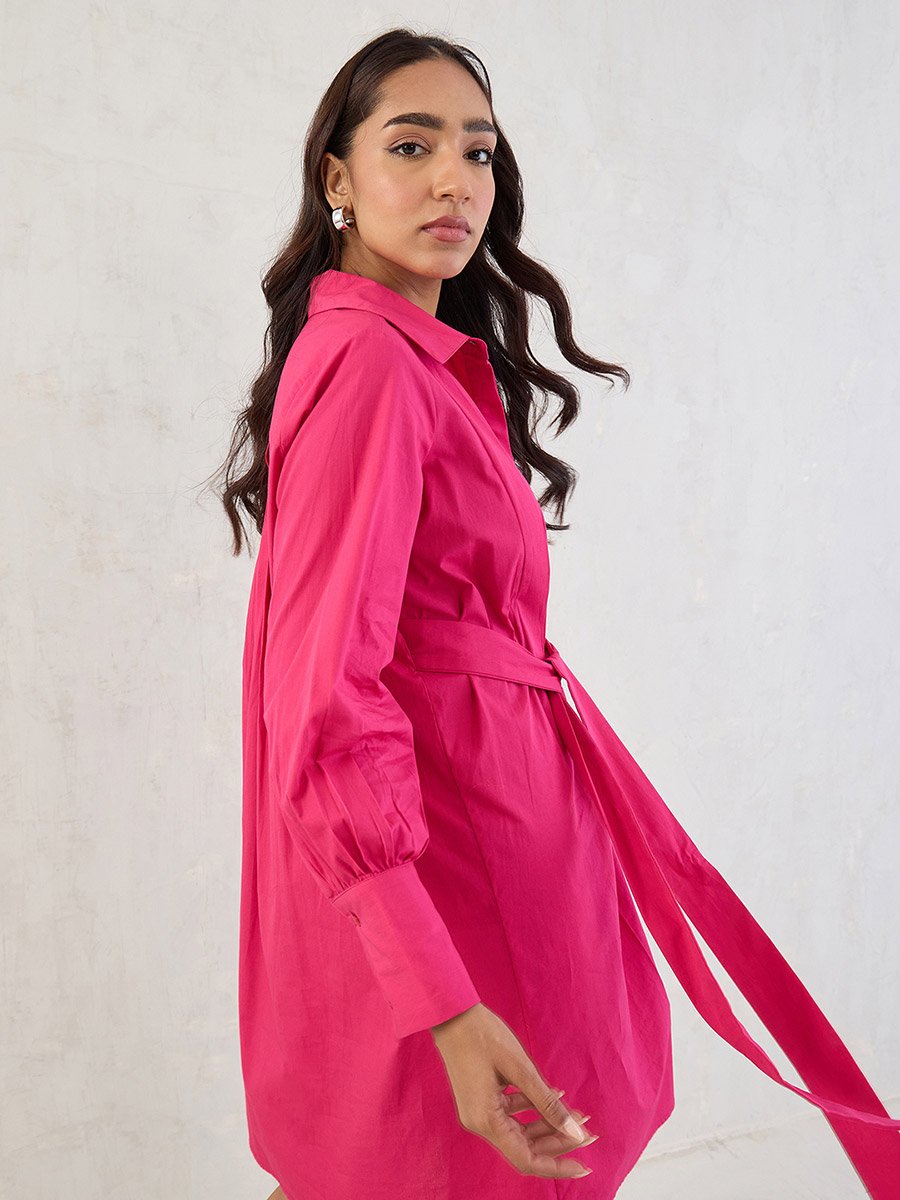 Pink Solid Poplin Pleated Shirt Mini Dress with Belted Detail For Women at  Saudi | Styli