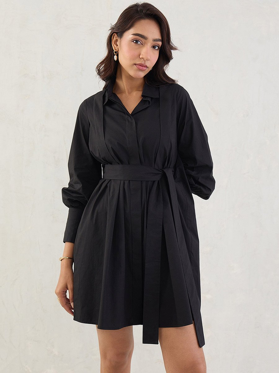 Black Solid Poplin Pleated Shirt Mini Dress with Belted Detail