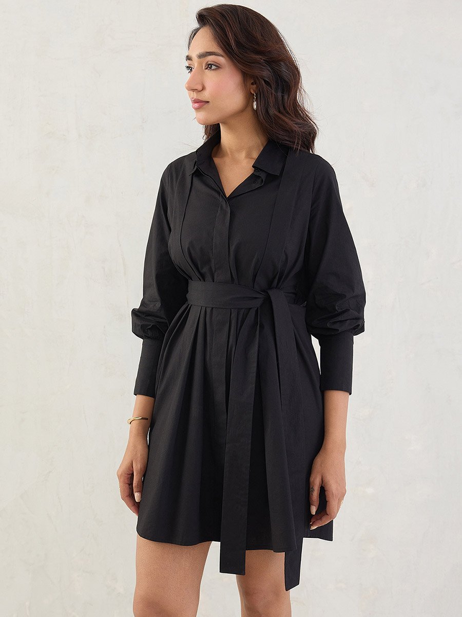 Black Solid Poplin Pleated Shirt Mini Dress with Belted Detail