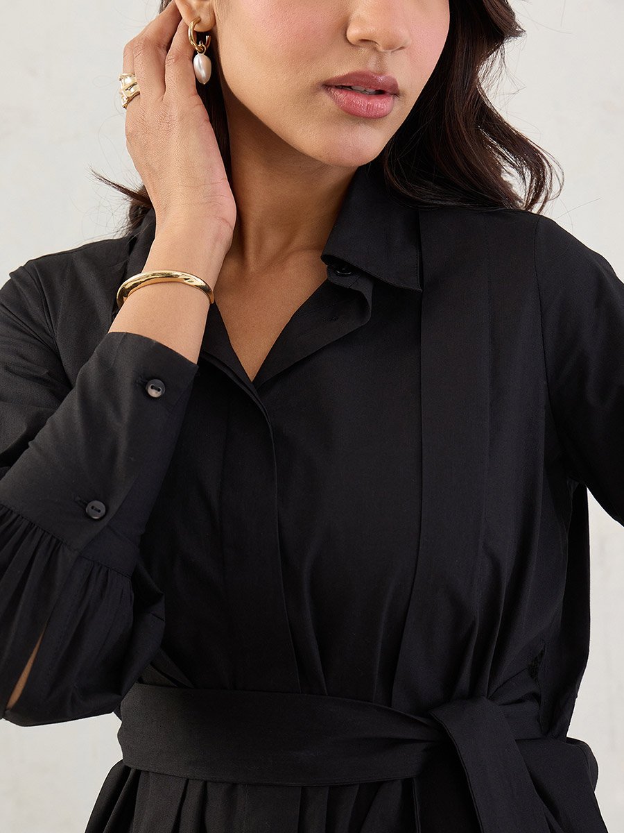 Black Solid Poplin Pleated Shirt Mini Dress with Belted Detail