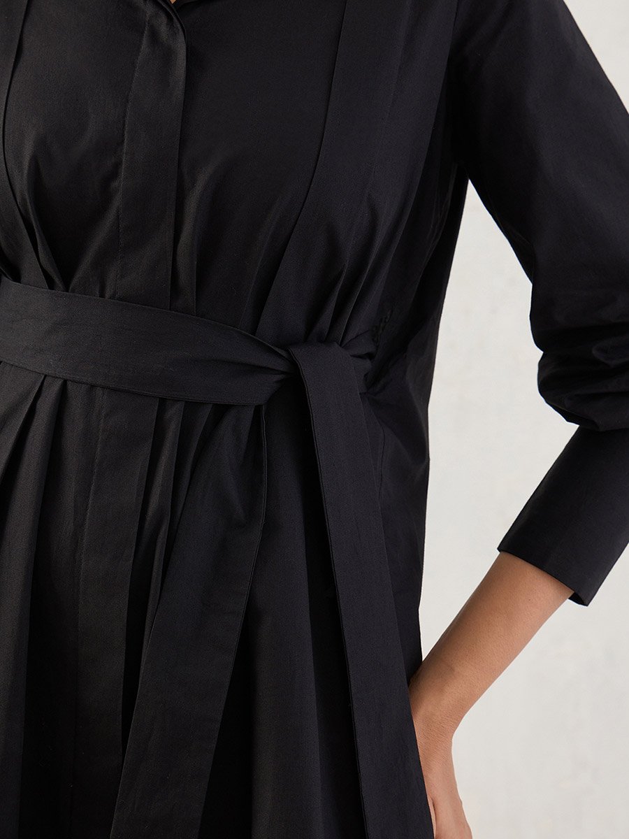 Black Solid Poplin Pleated Shirt Mini Dress with Belted Detail