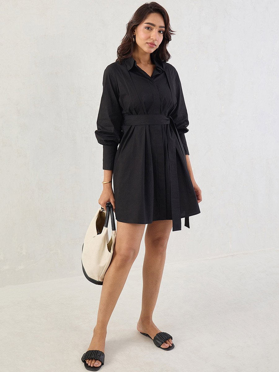 Black Solid Poplin Pleated Shirt Mini Dress with Belted Detail