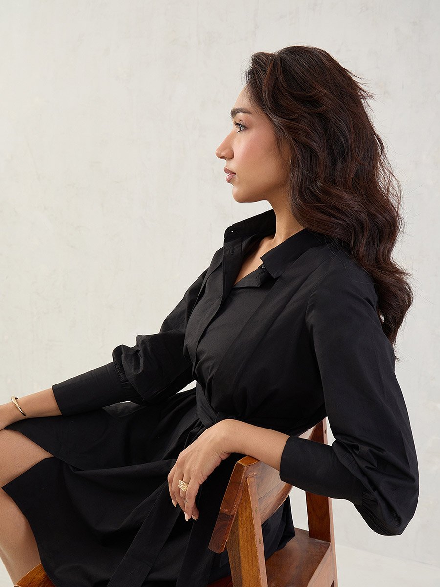 Black Solid Poplin Pleated Shirt Mini Dress with Belted Detail