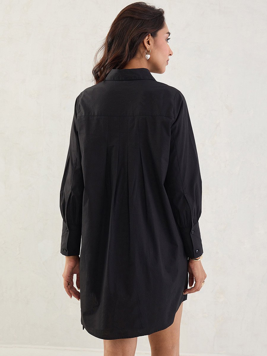 Black Solid Poplin Pleated Shirt Mini Dress with Belted Detail
