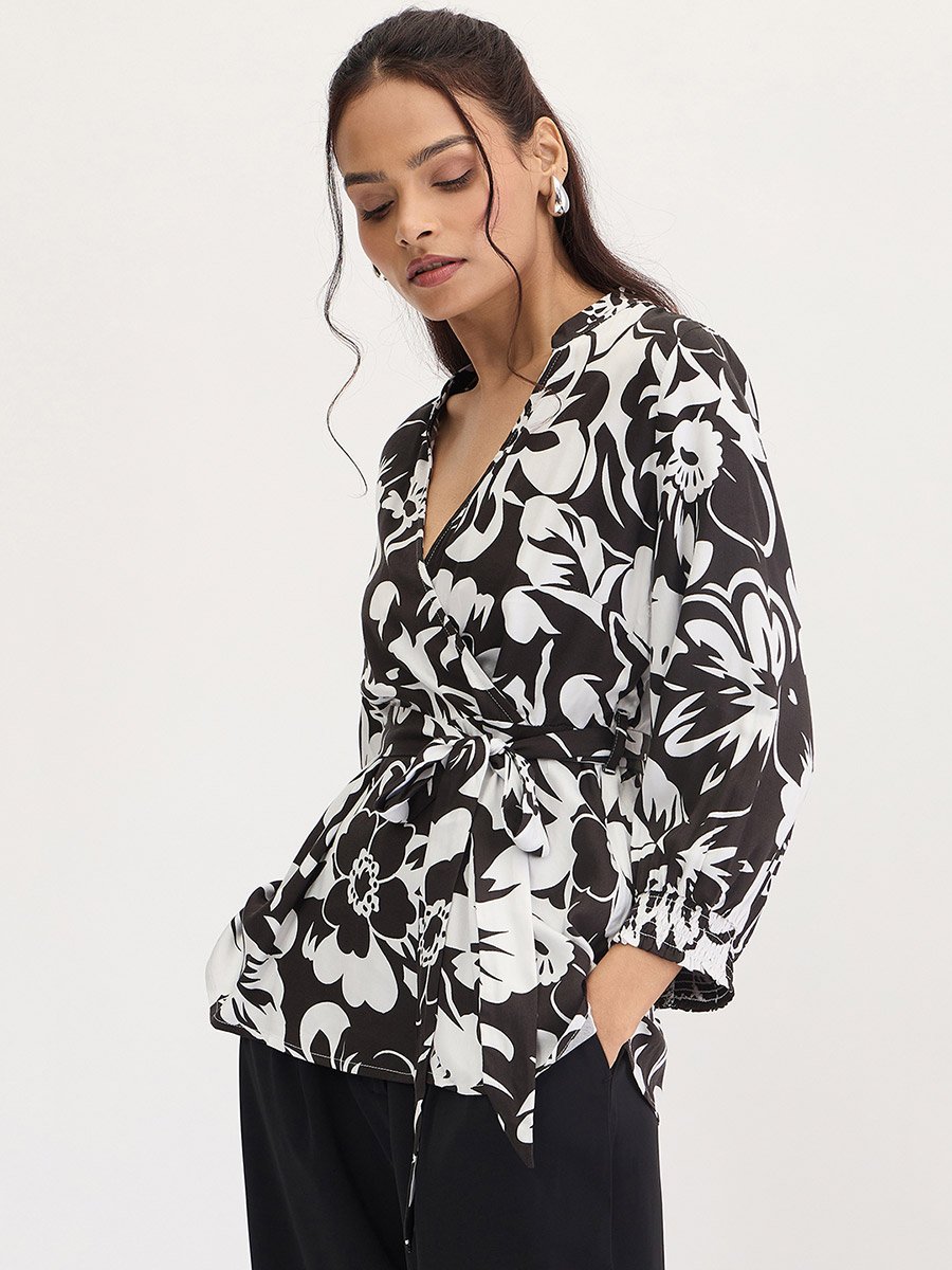 Floral Print V-Neck Wrap Top with Waist Tie-Up Detail