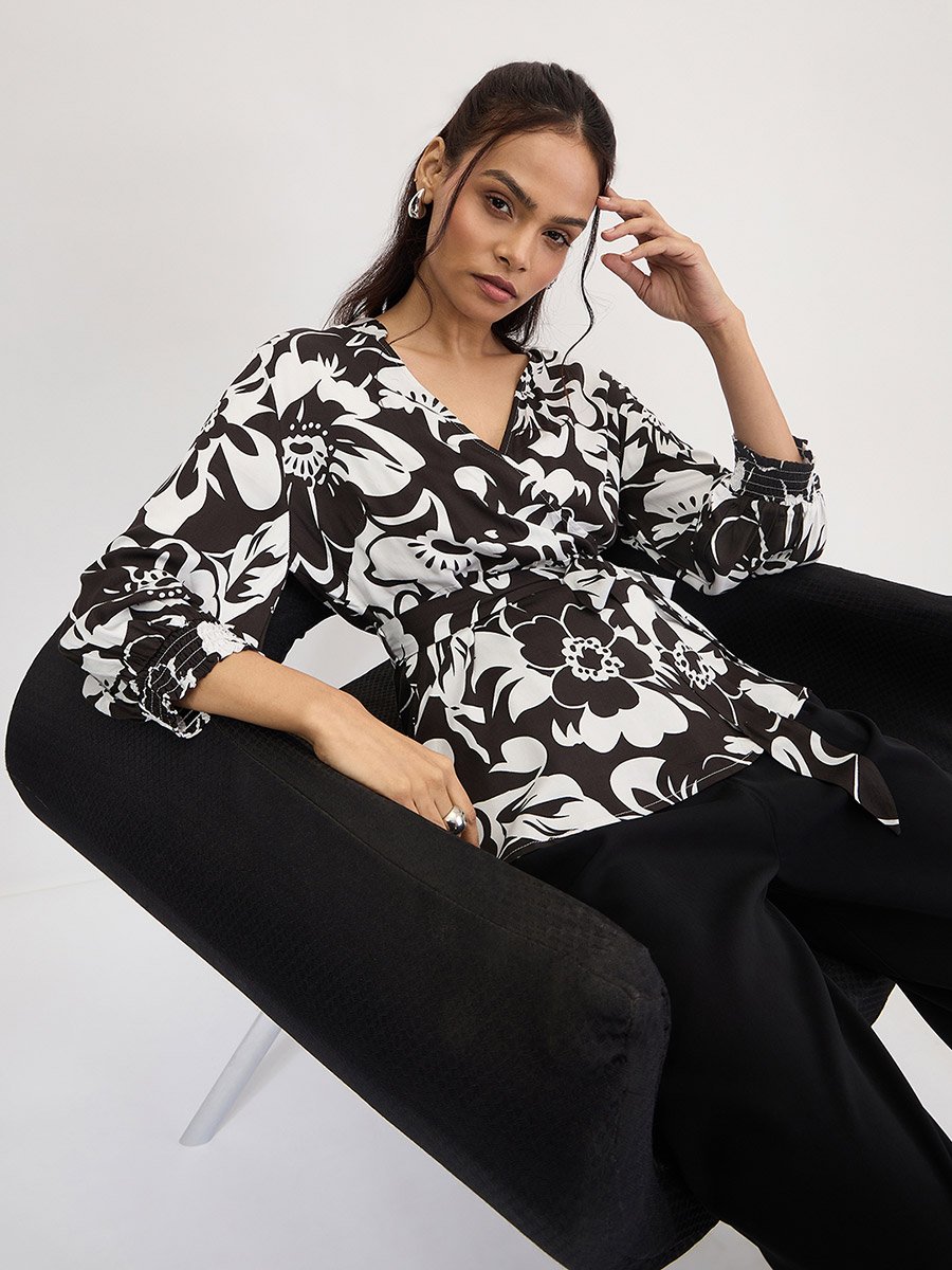 Floral Print V-Neck Wrap Top with Waist Tie-Up Detail