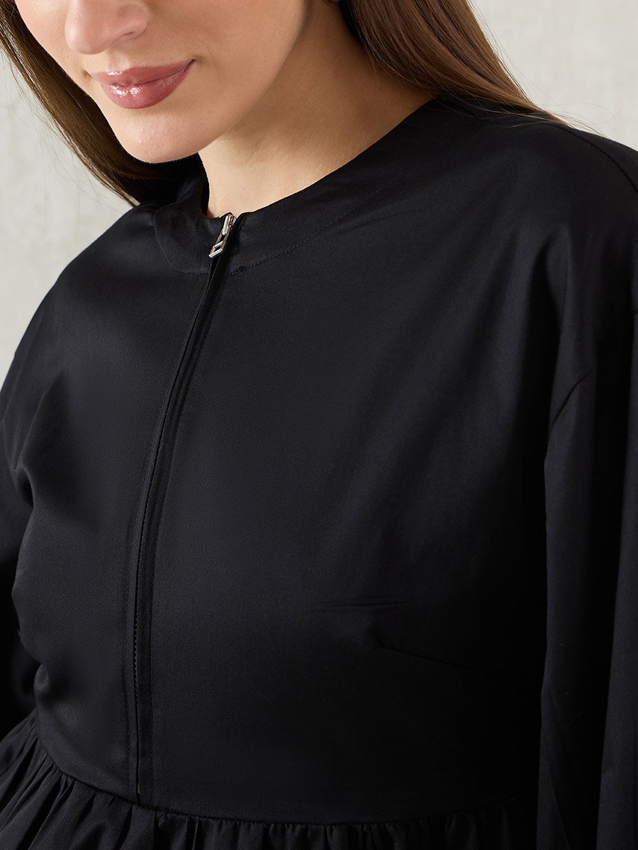 Black Cotton Half-Zip Peplum Top