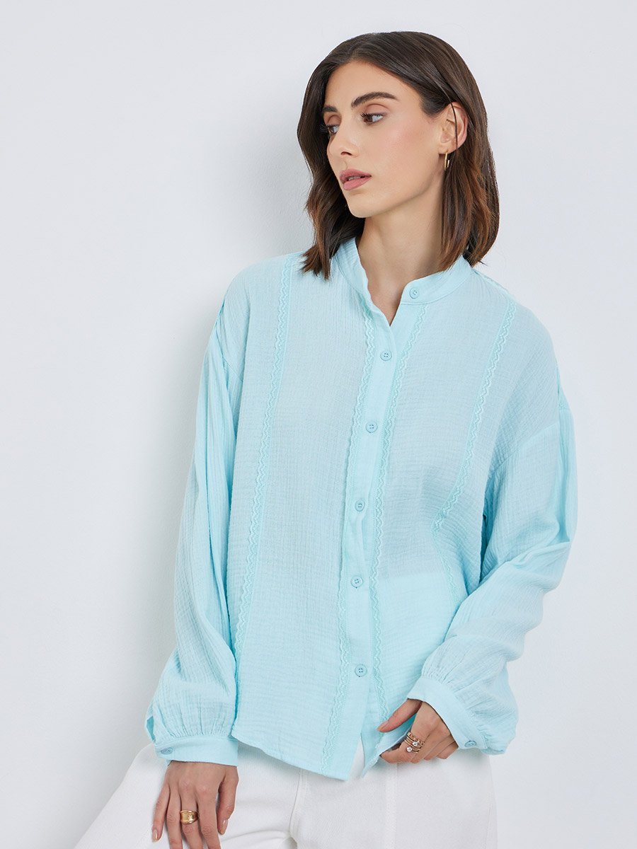 Solid Lace Trim Buttoned Oversized Shirt