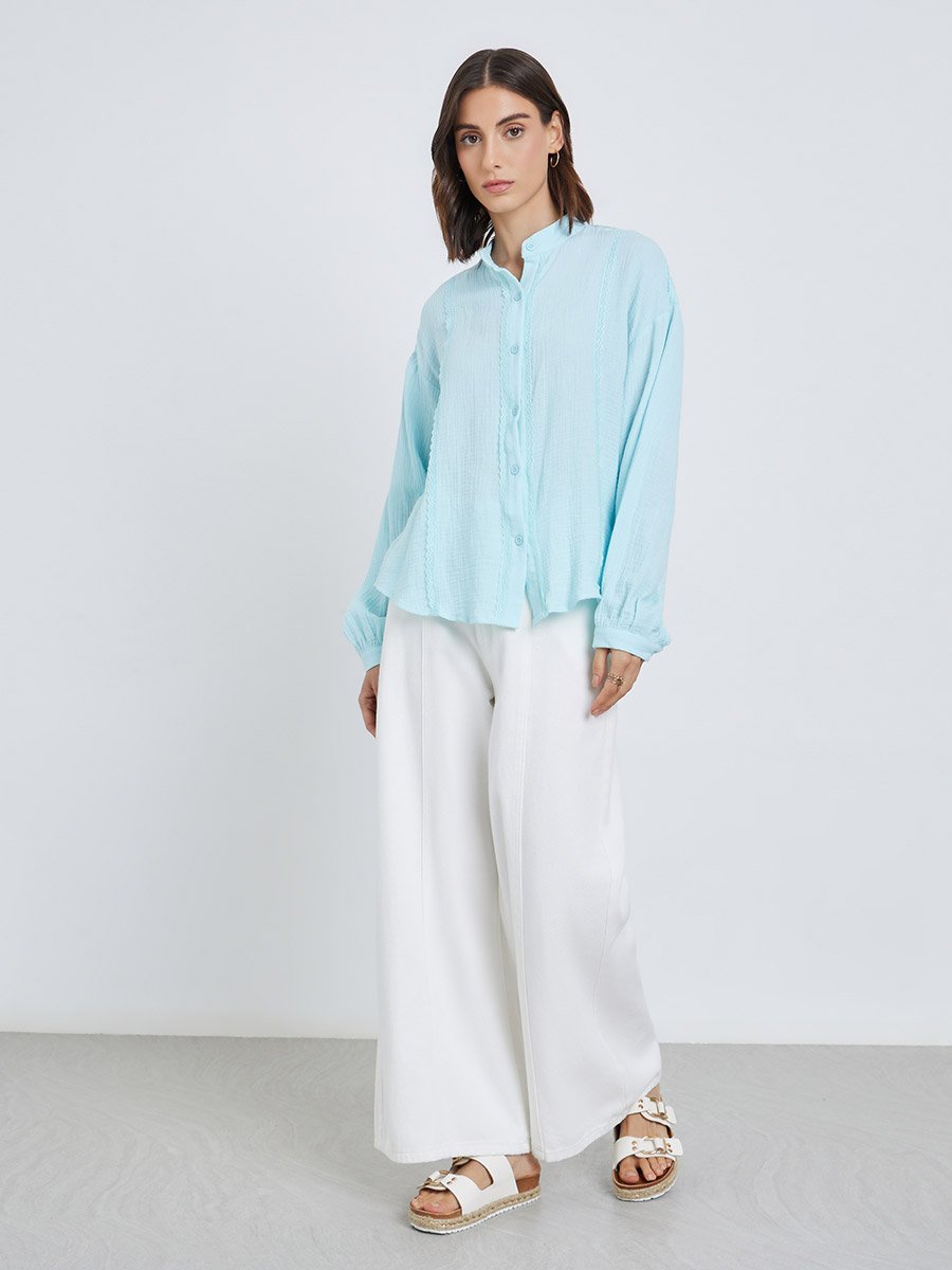 Solid Lace Trim Buttoned Oversized Shirt