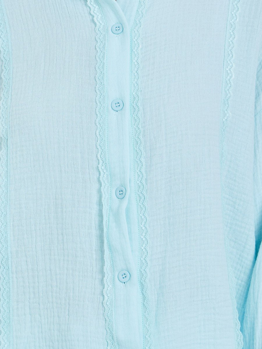 Solid Lace Trim Buttoned Oversized Shirt