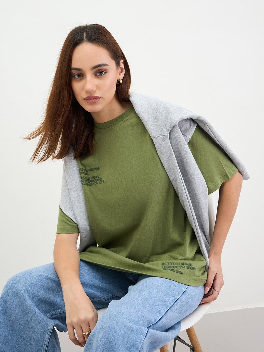 Khaki Oversized Embossed Print T-Shirt