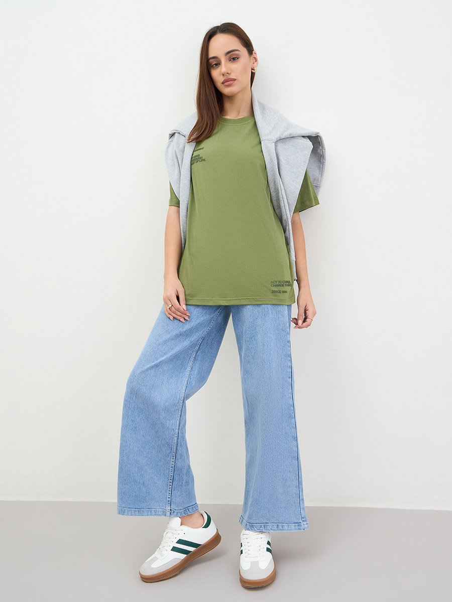 Khaki Oversized Embossed Print T-Shirt