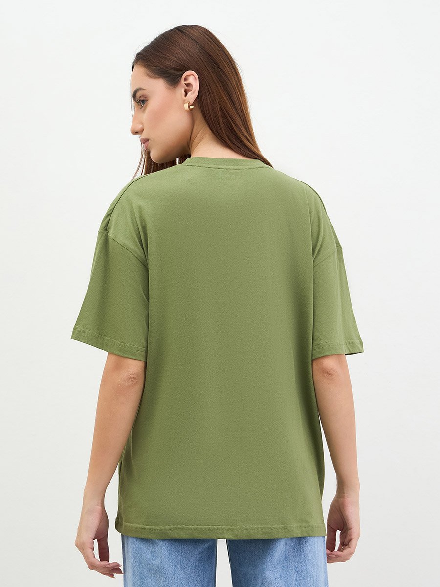Khaki Oversized Embossed Print T-Shirt