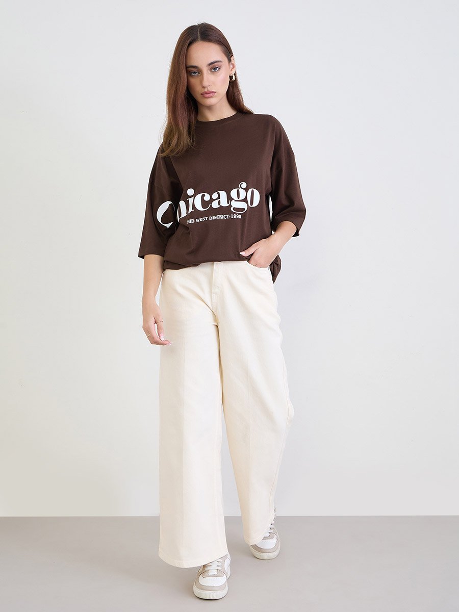 Brown Chicago Graphic Oversized T-Shirt