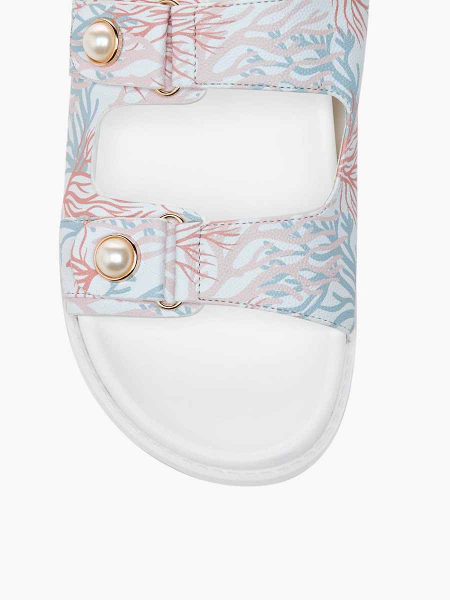 Printed Pearl Embellished Slip-On Flat Sandals