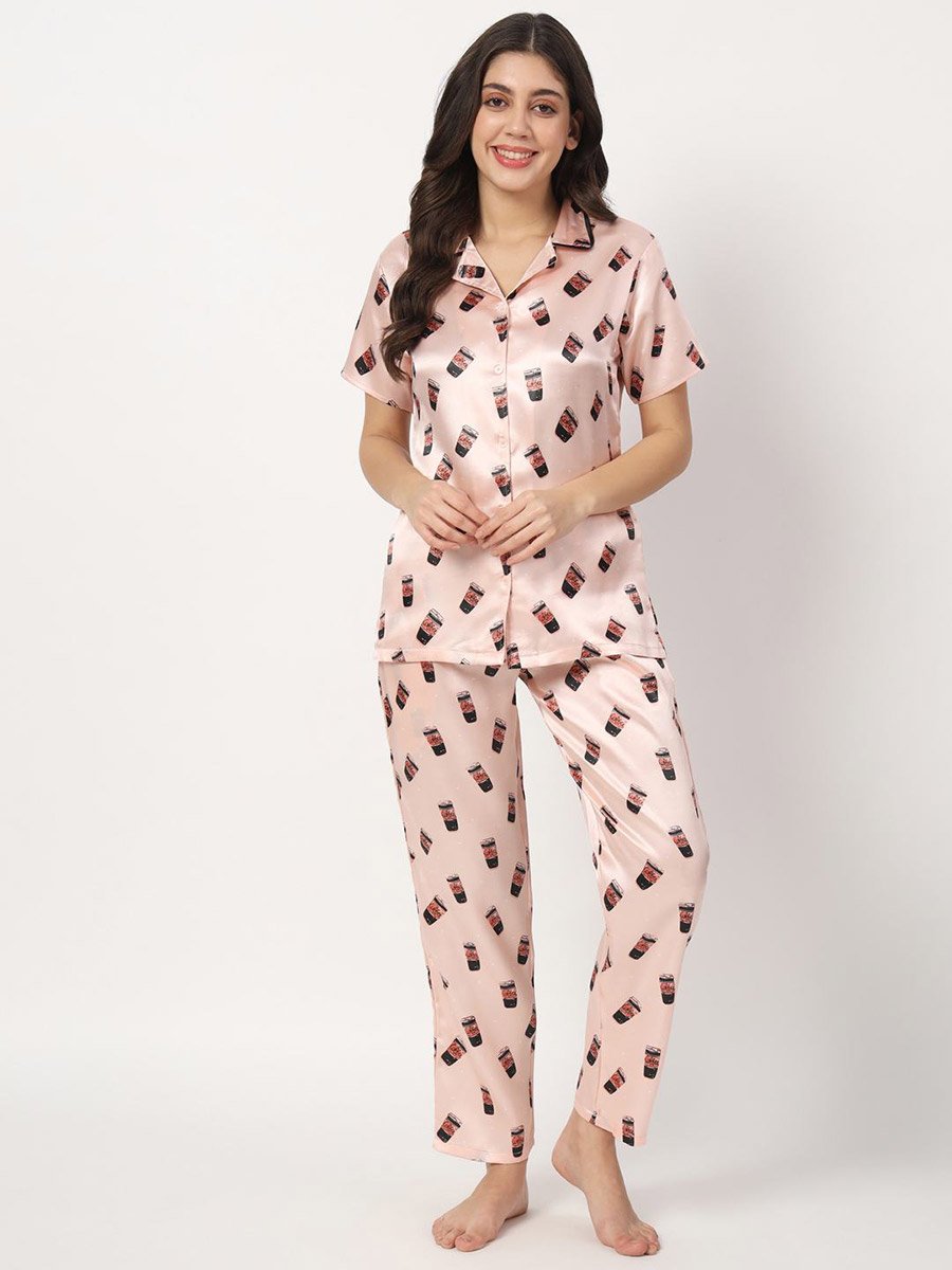 Coffee Mug Print Satin Shirt and Pyjama Set