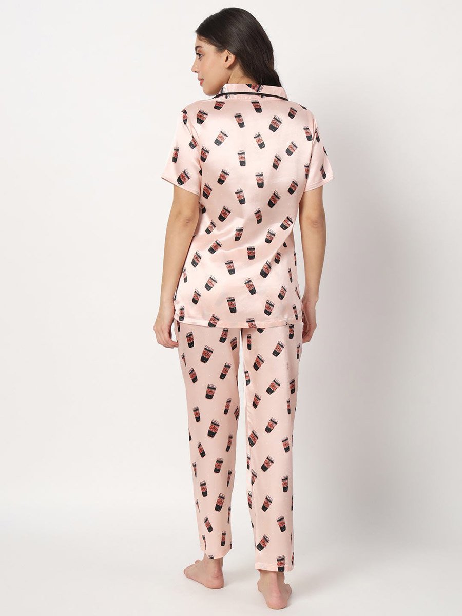 Coffee Mug Print Satin Shirt and Pyjama Set