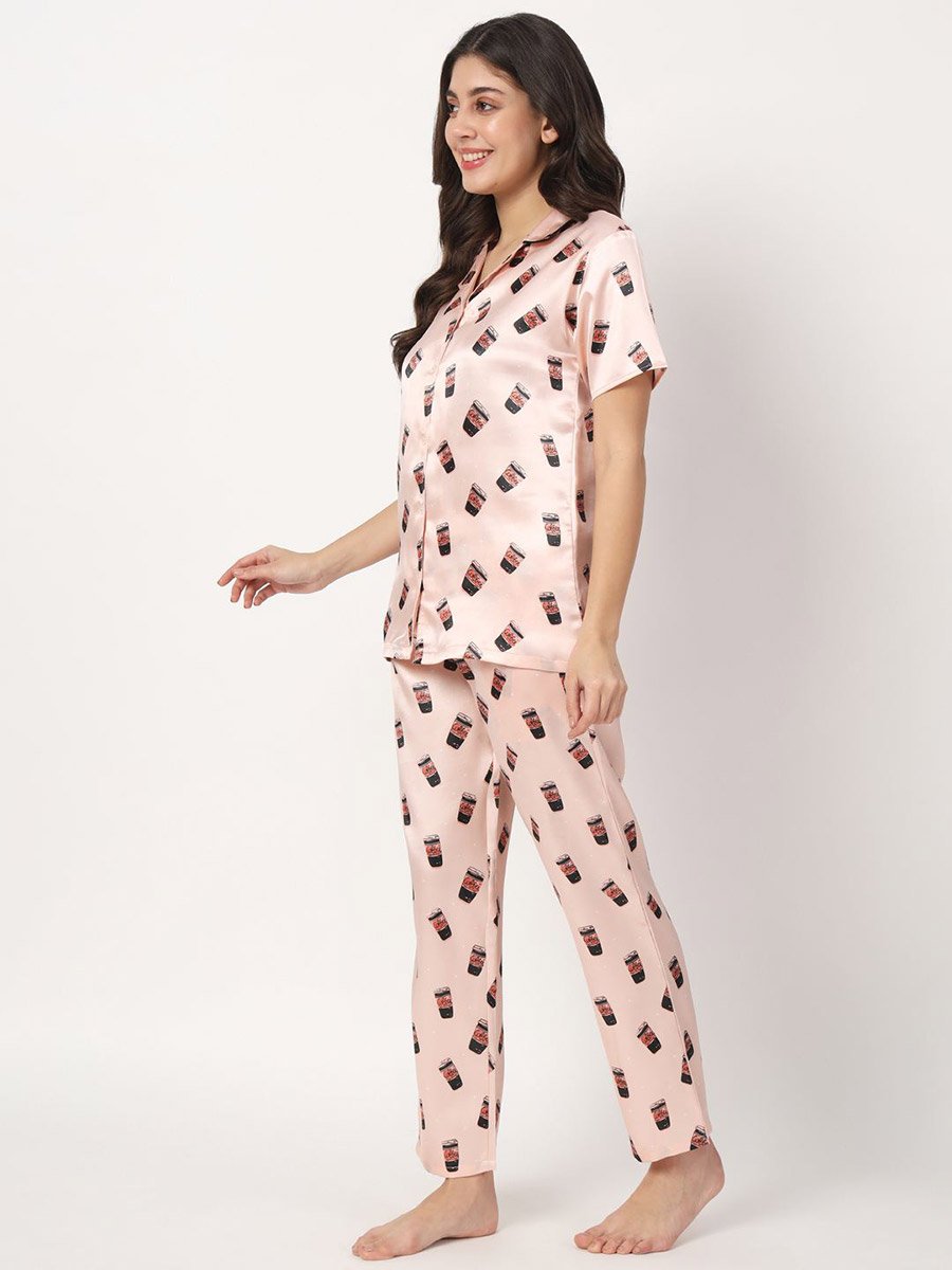 Coffee Mug Print Satin Shirt and Pyjama Set