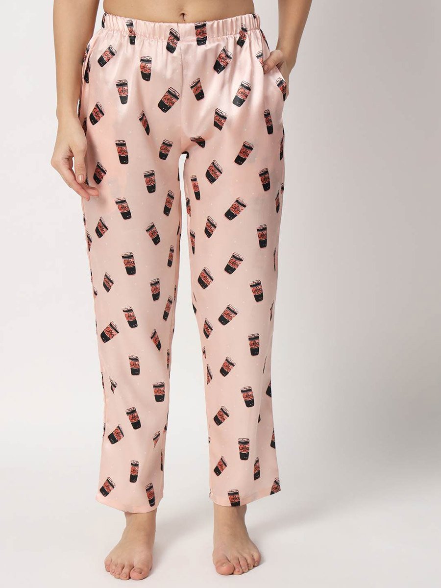 Coffee Mug Print Satin Shirt and Pyjama Set