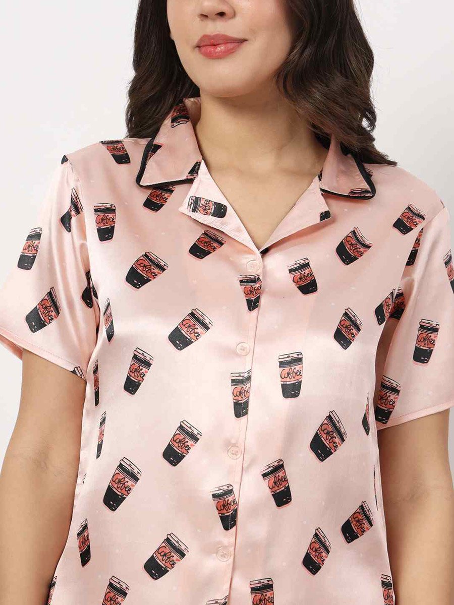 Coffee Mug Print Satin Shirt and Pyjama Set