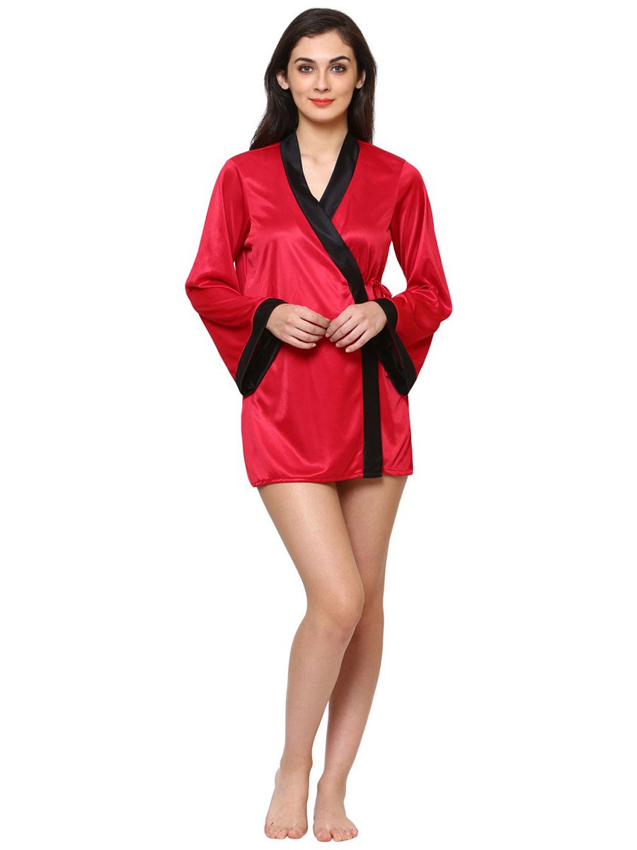 Women Red Satin Long Sleeve Robe