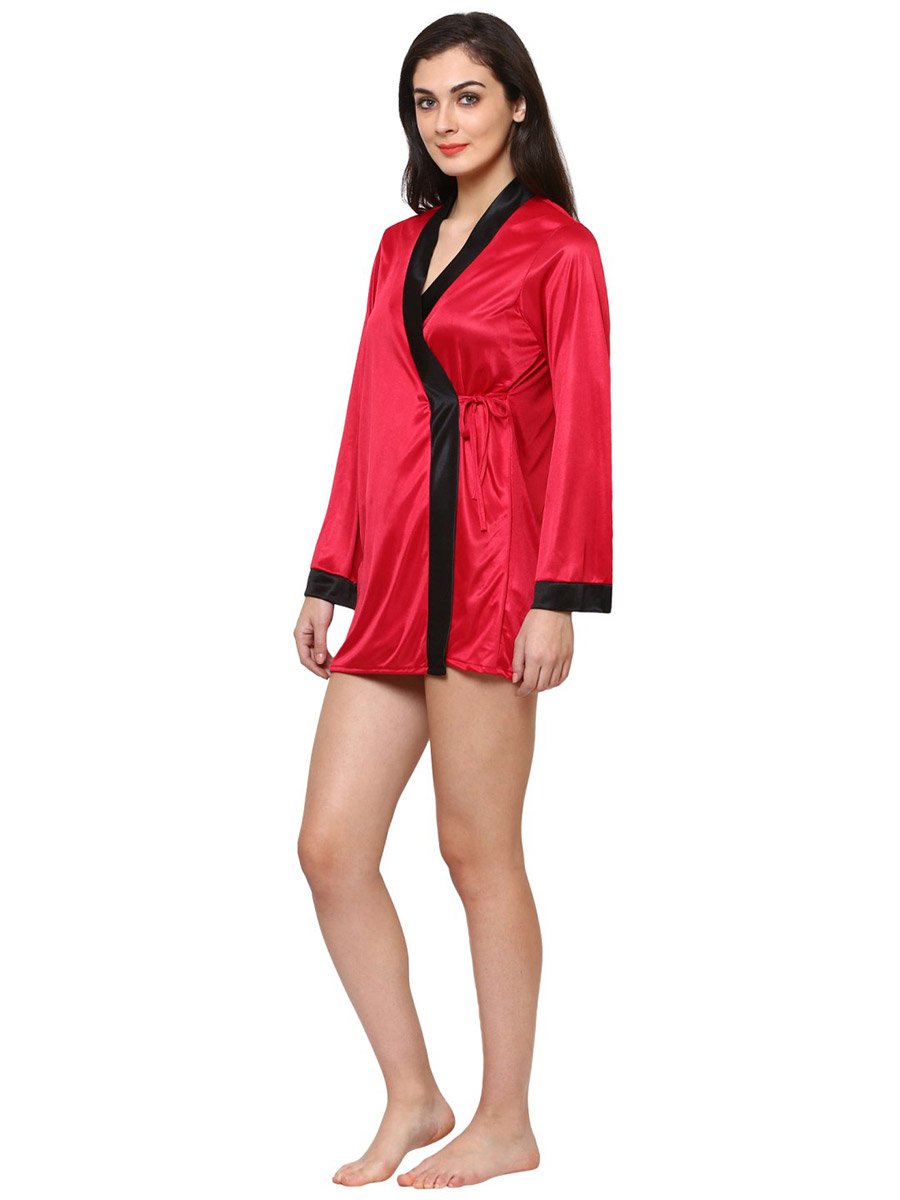 Women Red Satin Long Sleeve Robe