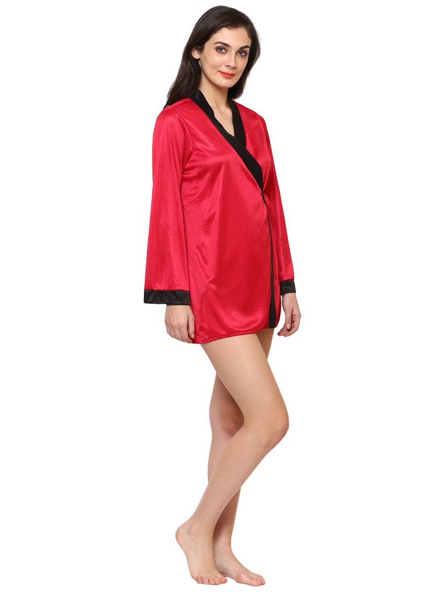 Women Red Satin Long Sleeve Robe