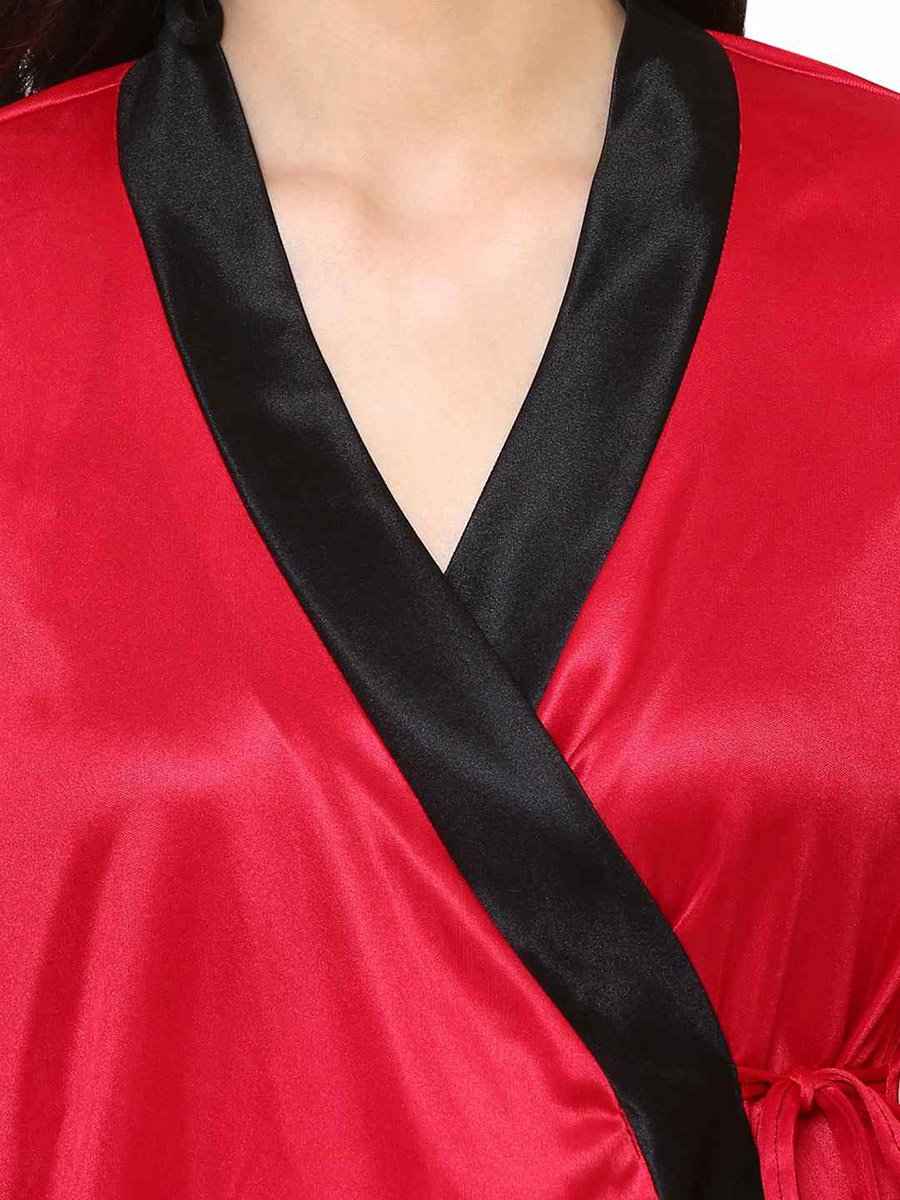 Women Red Satin Long Sleeve Robe