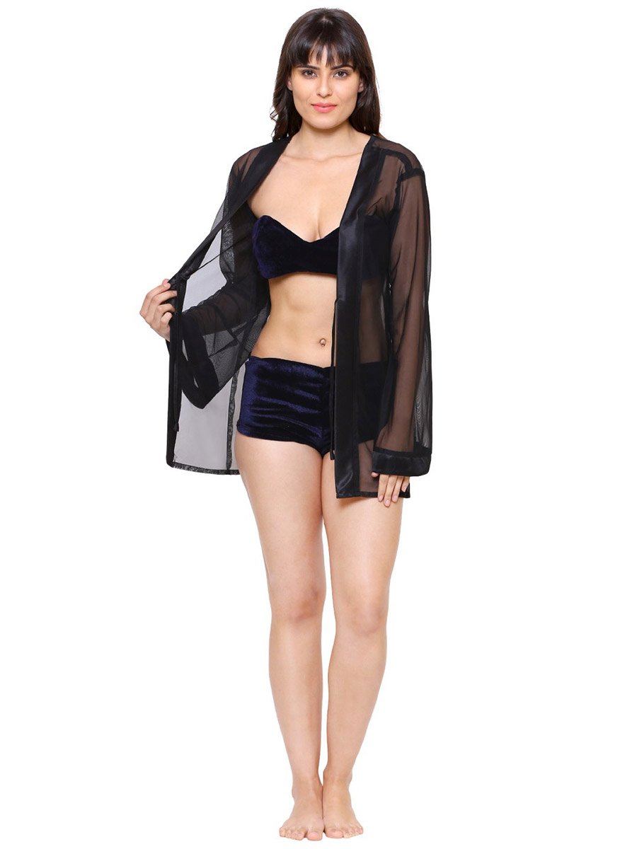 Women Navy Blue Bikini and Sheer Robe Set