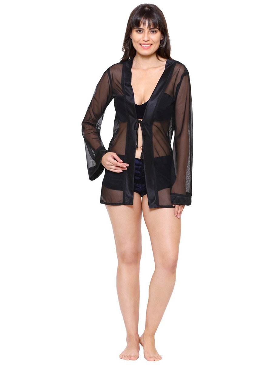 Women Navy Blue Bikini and Sheer Robe Set