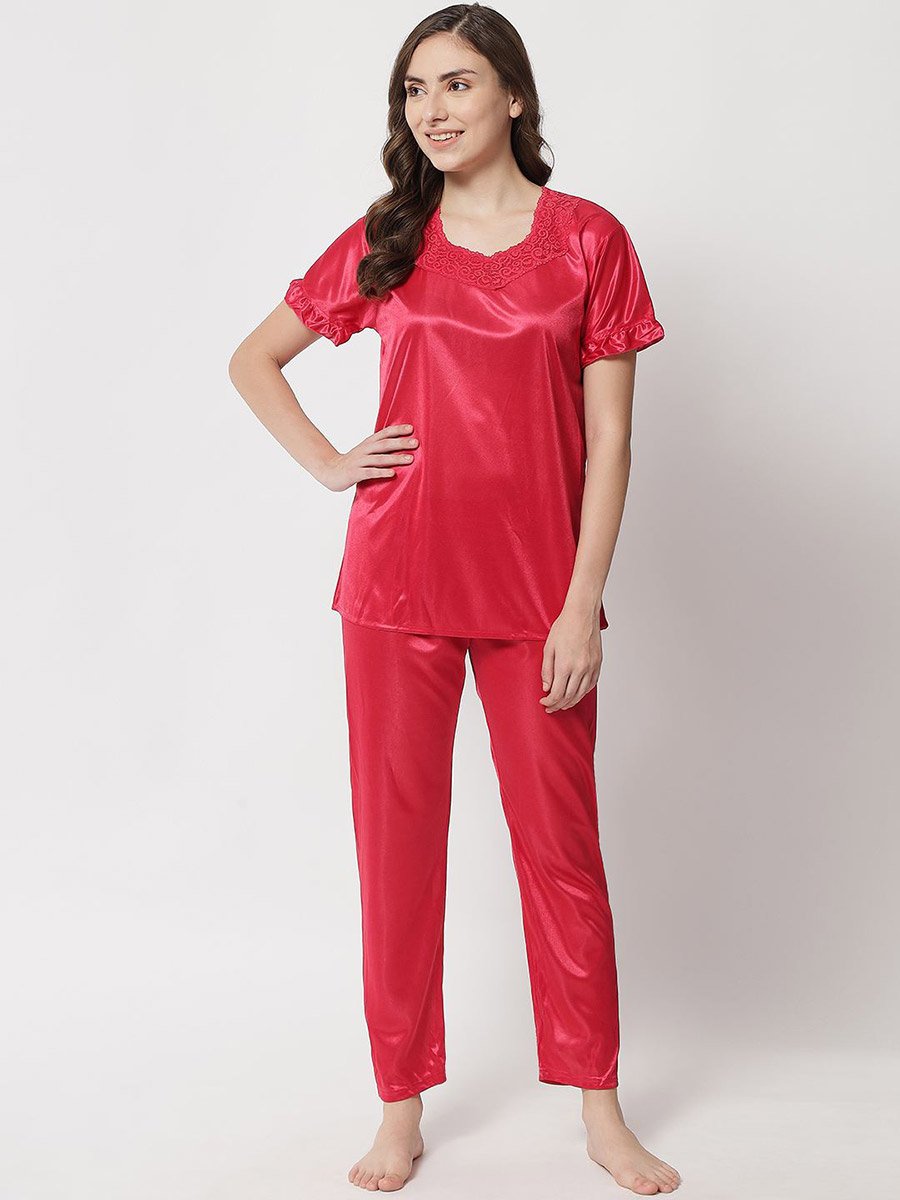 Women Red Satin Top with Pyjama Set