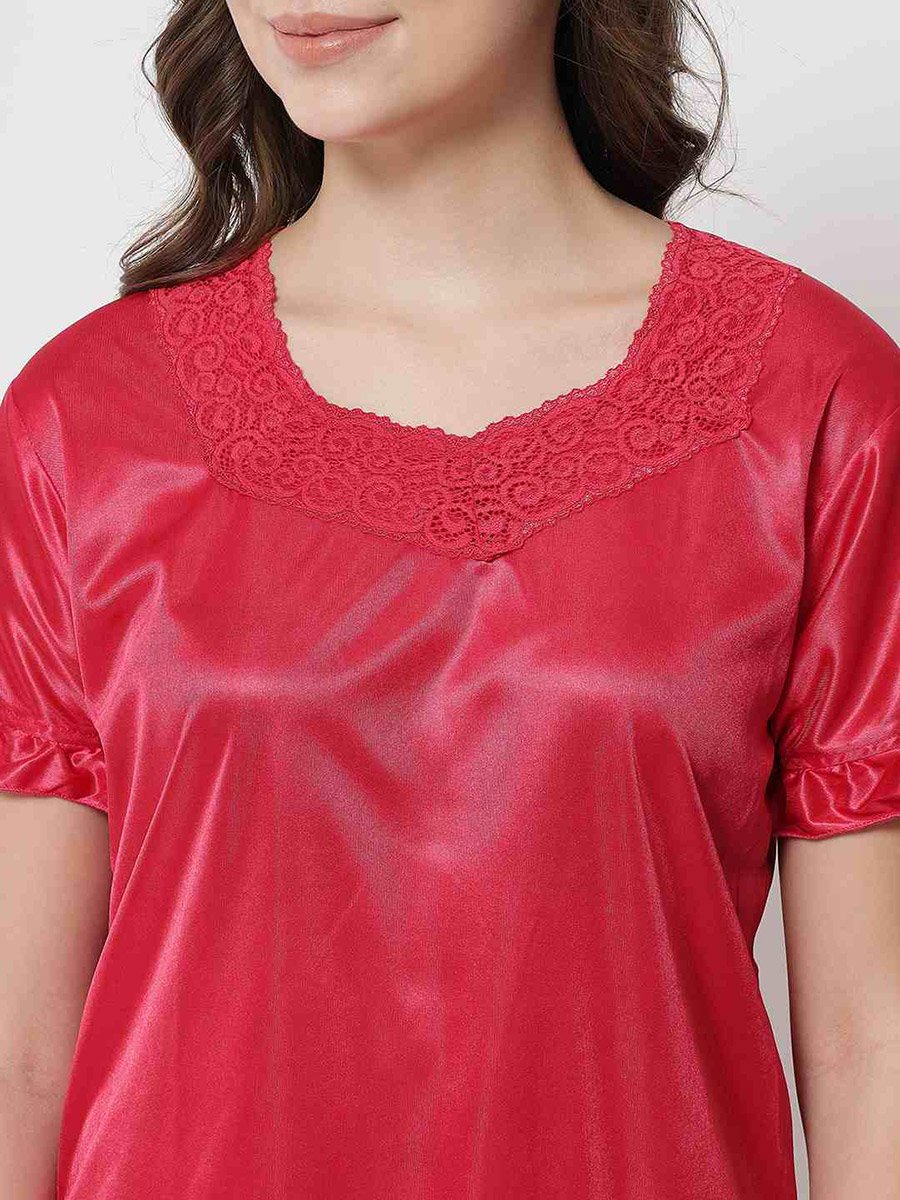 Women Red Satin Top with Pyjama Set