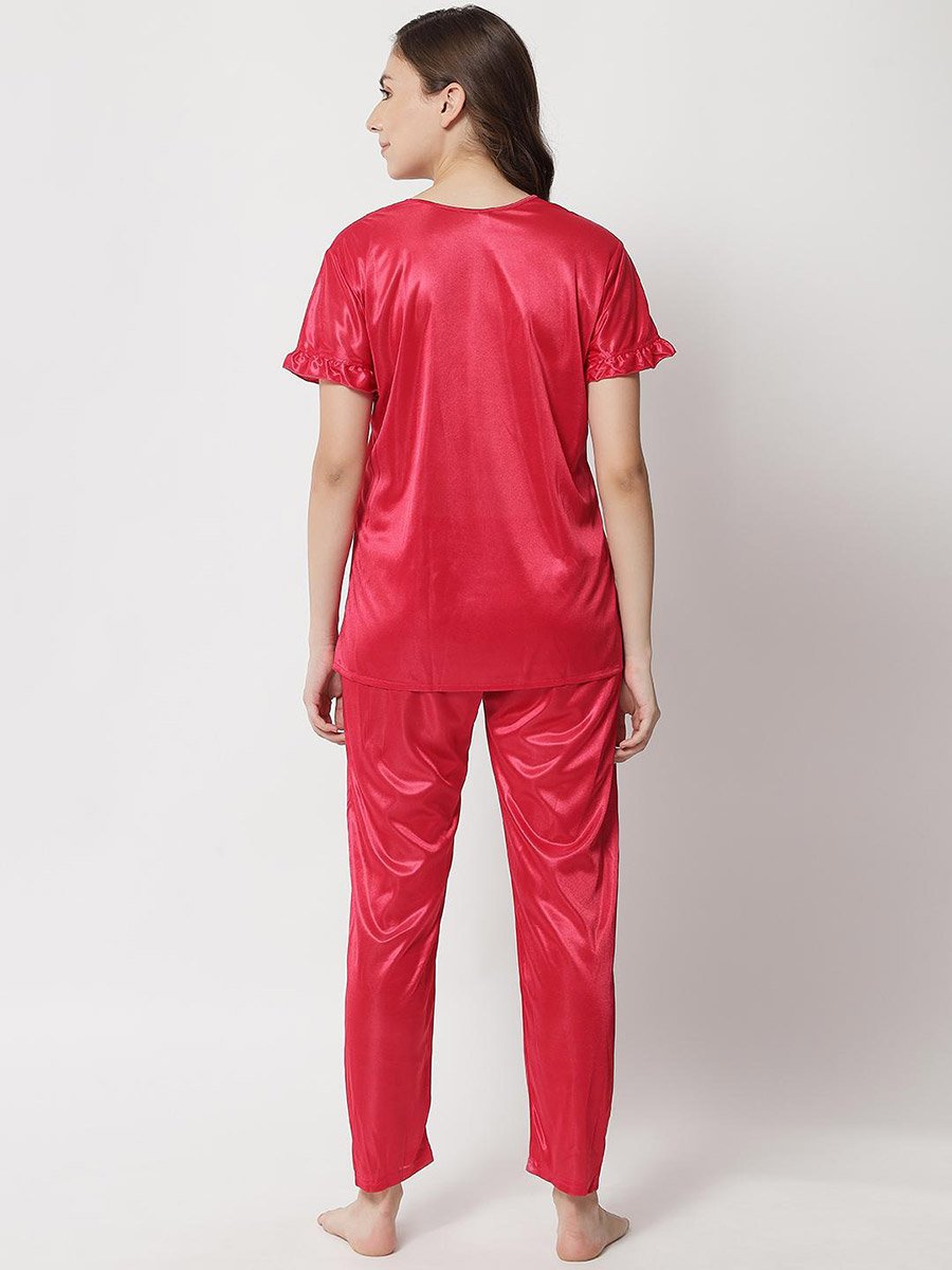 Women Red Satin Top with Pyjama Set