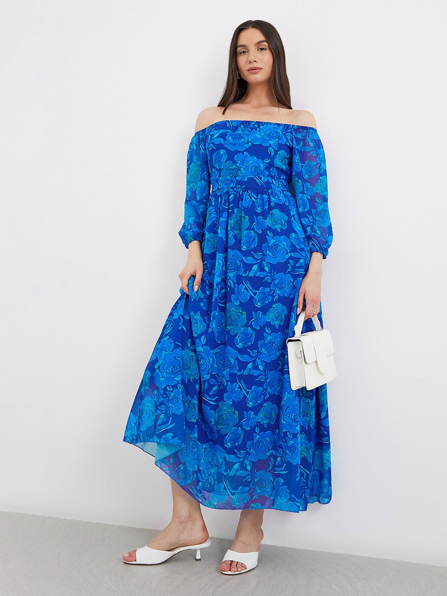 Off Shoulder Floral Print A-Line Maxi Dress