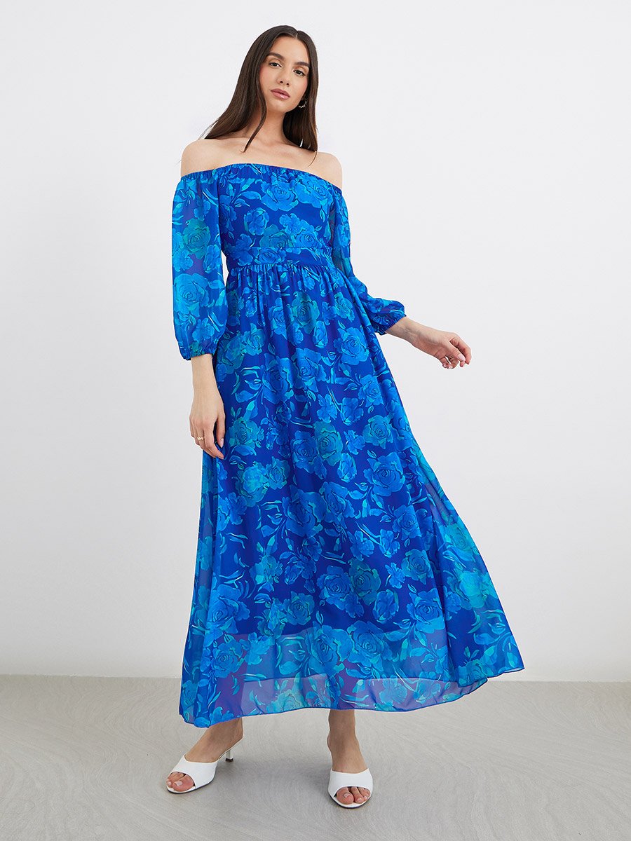Off Shoulder Floral Print A-Line Maxi Dress