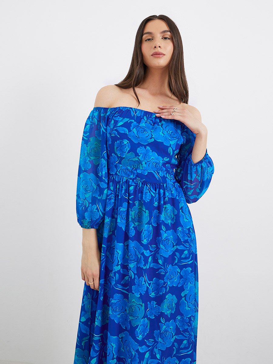 Off Shoulder Floral Print A-Line Maxi Dress