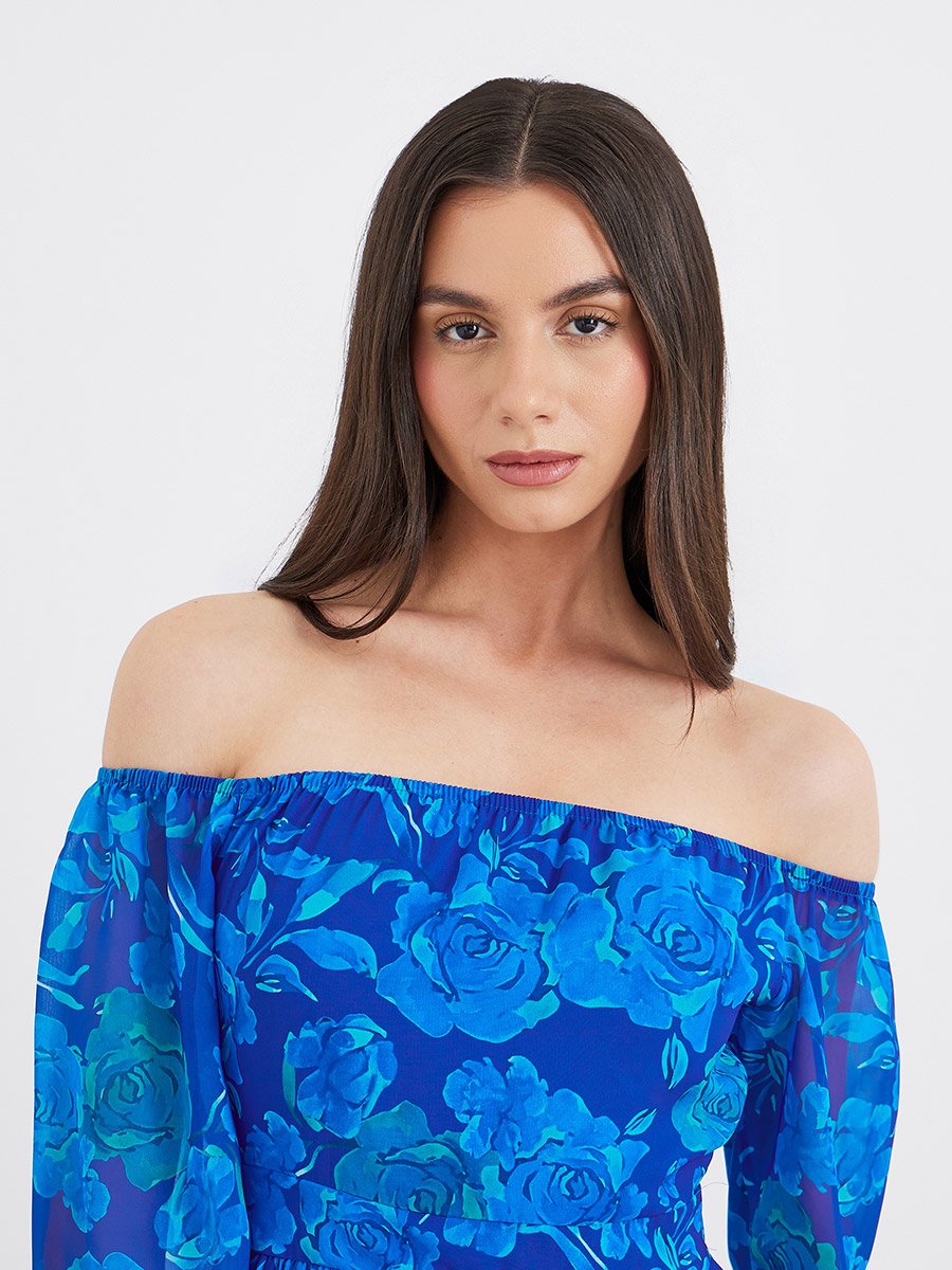 Off Shoulder Floral Print A-Line Maxi Dress
