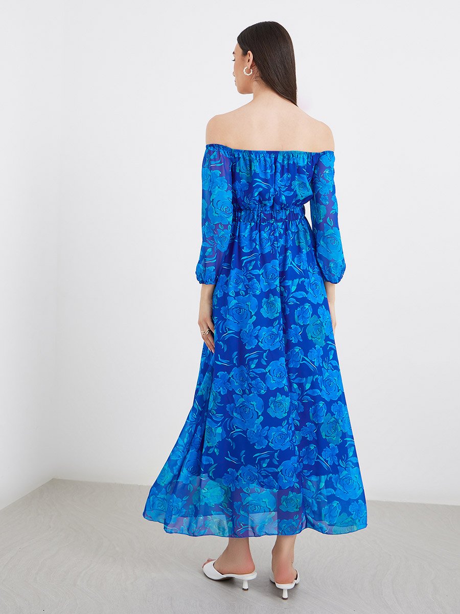 Off Shoulder Floral Print A-Line Maxi Dress