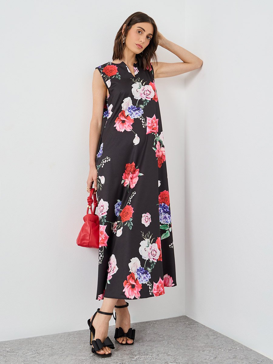 Women Black Floral Print Sleeveless A-Line Maxi Dress For Women at Bahrain  | Styli