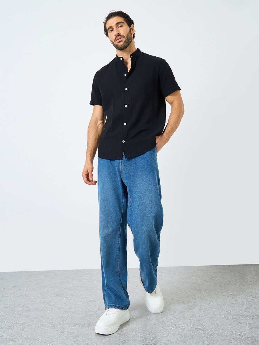 Solid Mandarin Collar Button Front Shirt