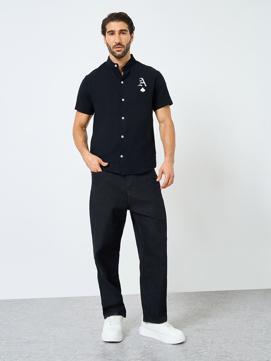 Black Graphic Print Mandarin Collar Shirt