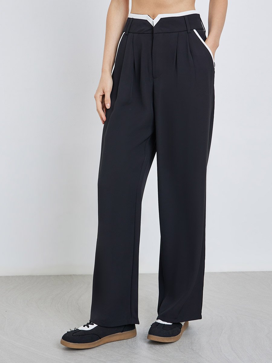 Women Black Wide Leg Trousers with Contrast Seam